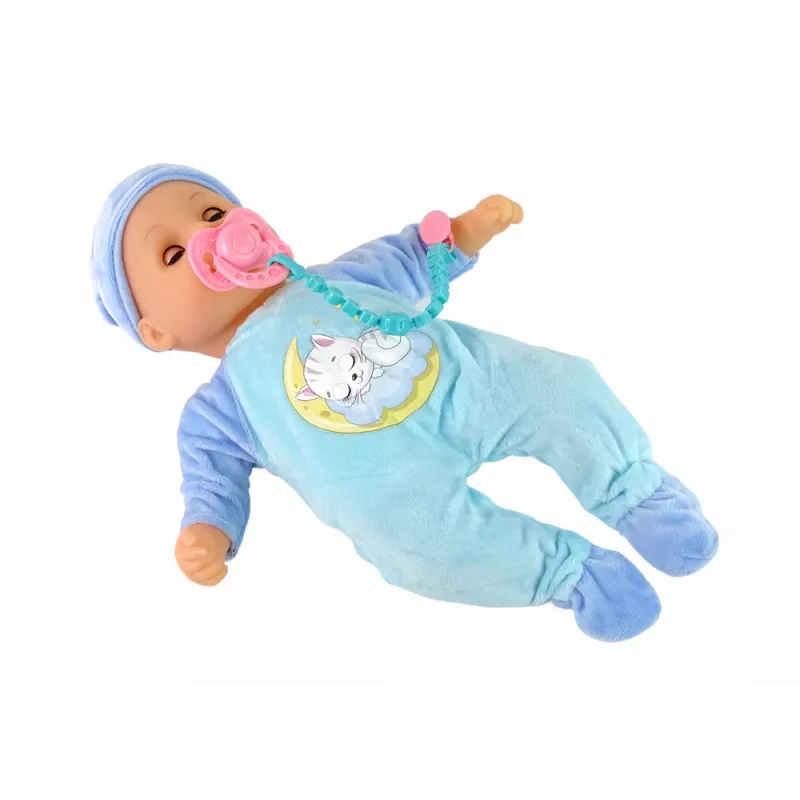 LEAN TOYS Muñeca bebé con sonido chupete babero azul pijama de gato