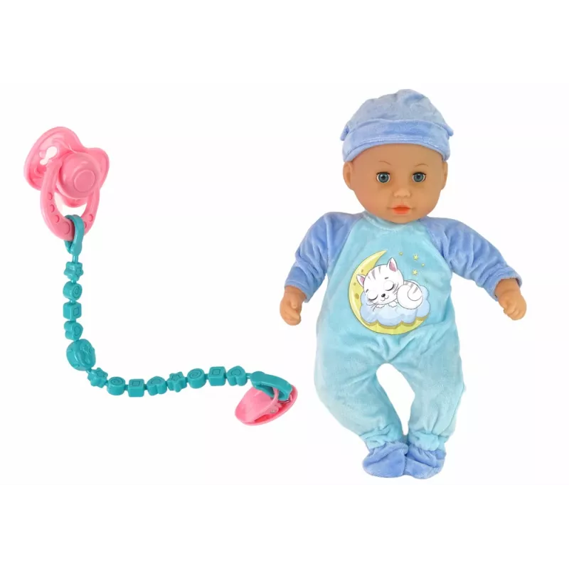 LEAN TOYS Muñeca bebé con sonido chupete babero azul pijama de gato