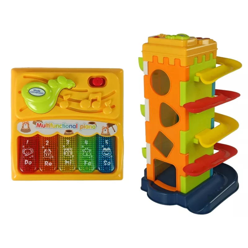 LEAN TOYS Clasificador de bloques educativo con tobogán de bolas y piano