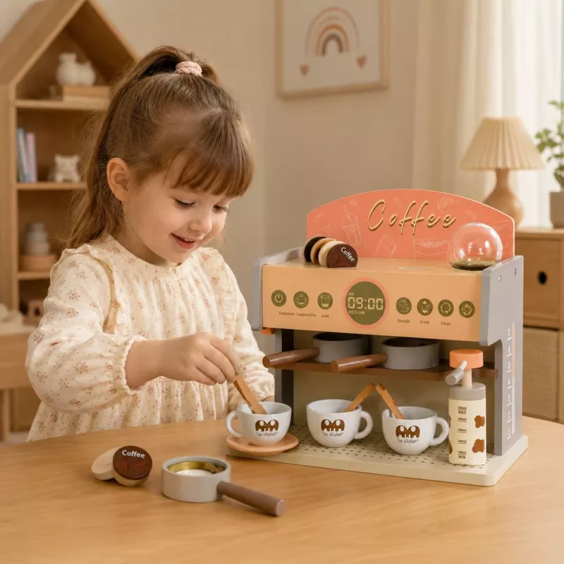 LEAN TOYS Set de barista cafetera accesorios de madera rosa