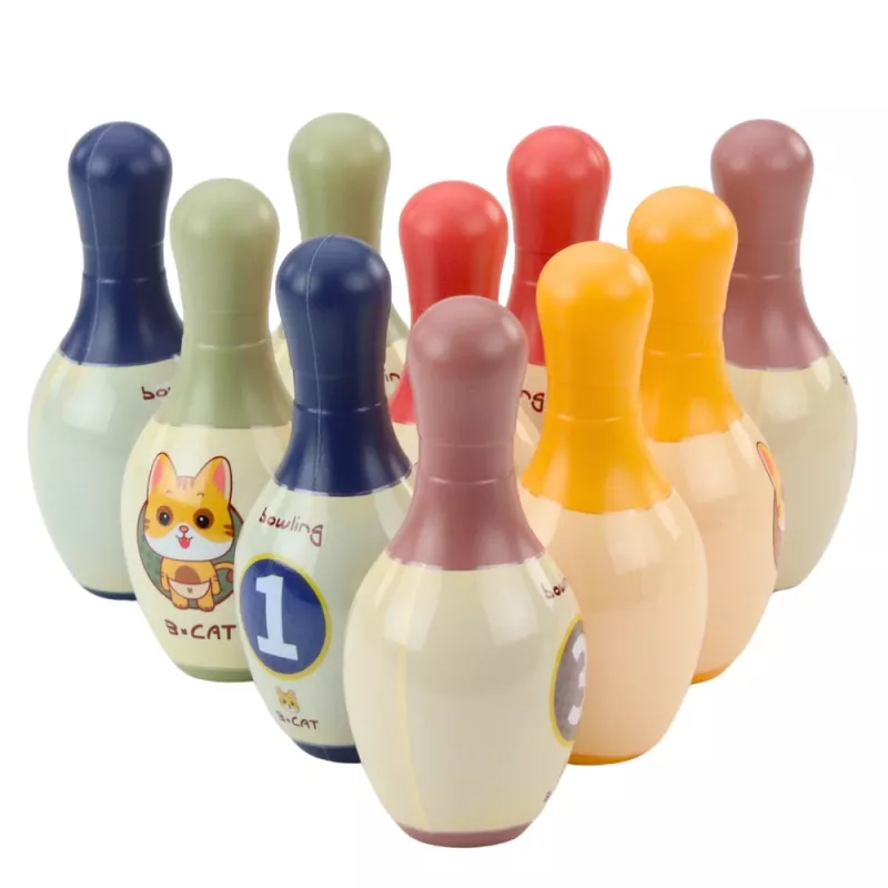 LEAN TOYS Set de bolos con gatos para niños, 10 bolos, 2 bolas de colores