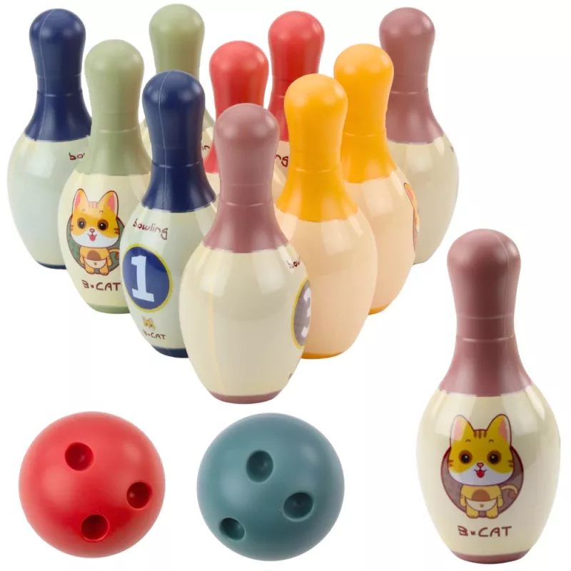 LEAN TOYS Set de bolos con gatos para niños, 10 bolos, 2 bolas de colores