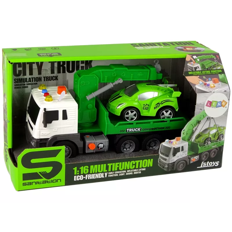 LEAN TOYS Camión grúa de asistencia en carretera transportador de coches 1:16 Verde con sonido y luces