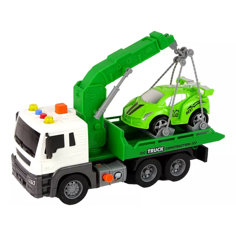 LEAN TOYS Camión grúa de asistencia en carretera transportador de coches 1:16 Verde con sonido y luces