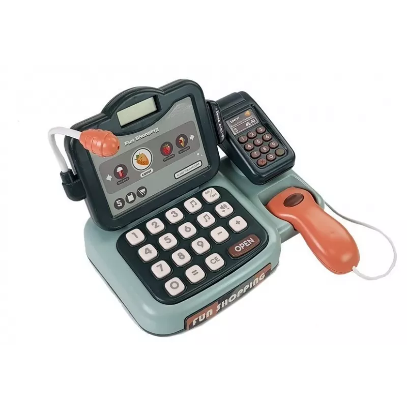 LEAN TOYS Juguete de caja registradora set de tienda con terminal de sonido con micrófono – Set interactivo de juego de rol para niños a partir de 3 años