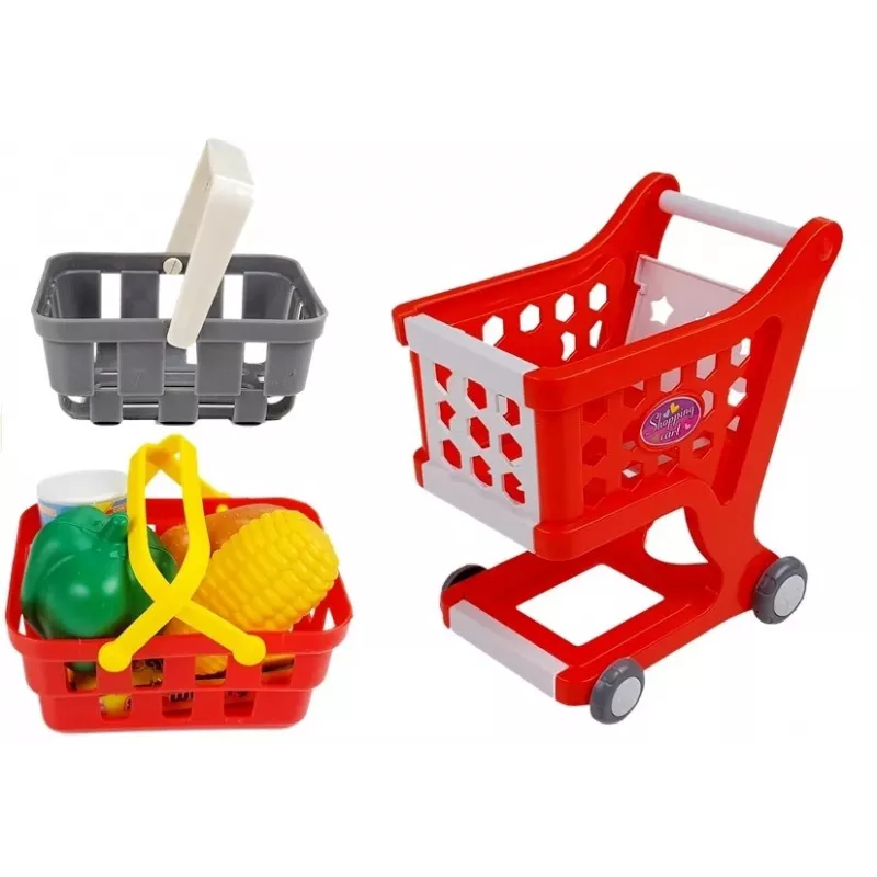 LEAN TOYS Caja registradora con carrito de compra, cestas y accesorios | Set de juego de rol de 35 piezas con calculadora funcional, escáner luminoso, micrófono, carrito de compra y cesta | Para niños a partir de 3 años