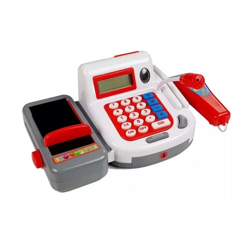 LEAN TOYS Caja registradora con carrito de compra, cestas y accesorios | Set de juego de rol de 35 piezas con calculadora funcional, escáner luminoso, micrófono, carrito de compra y cesta | Para niños a partir de 3 años