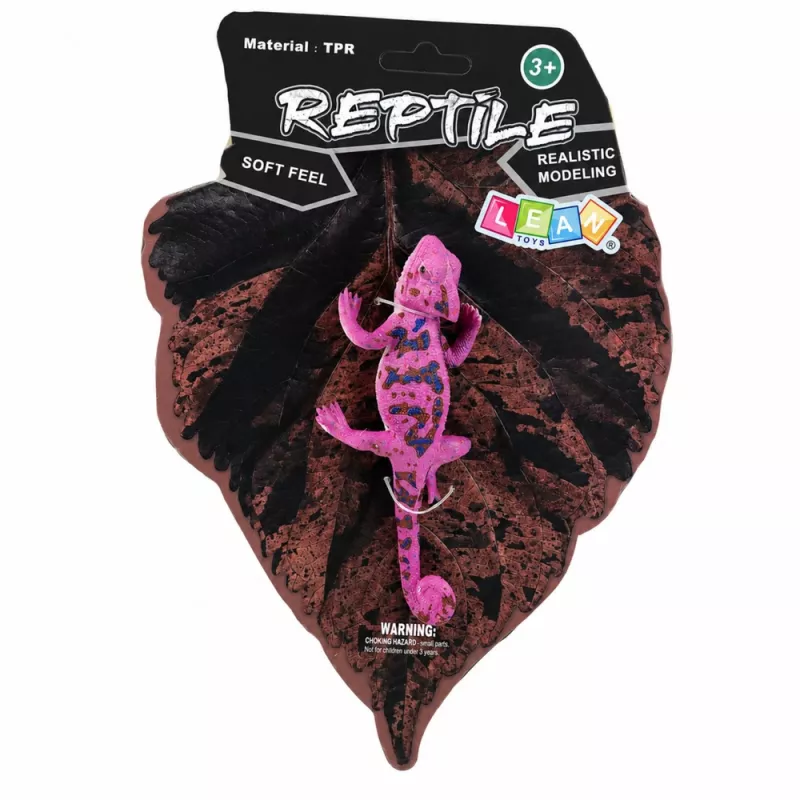 LEAN TOYS Figura de goma de camaleón extensible realista reptil lila 14 cm