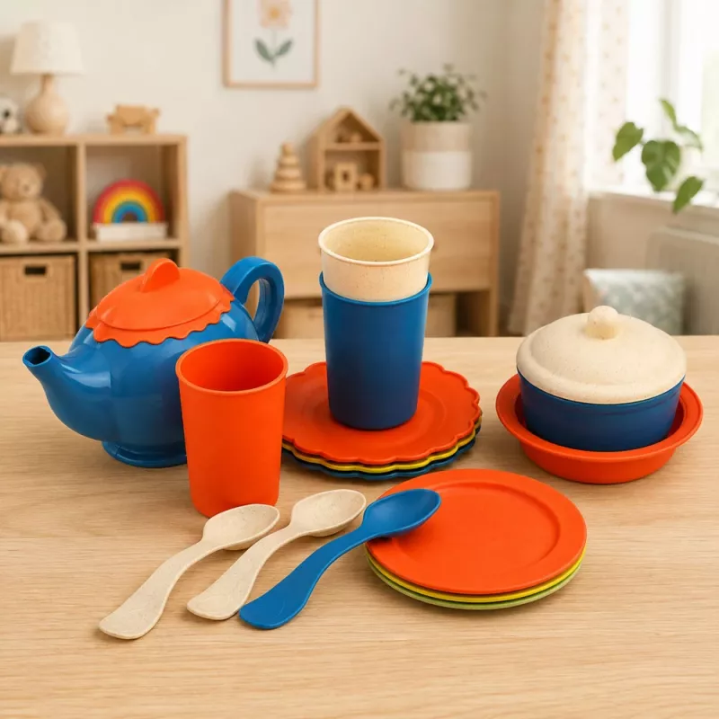 LEAN TOYS Vajilla infantil de fibra de bambú, azul y naranja, 15 piezas