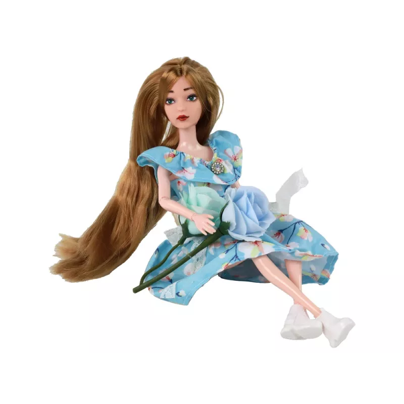 LEAN TOYS Muñeca para niños Emily Spring con pelo largo y vestido azul de flores