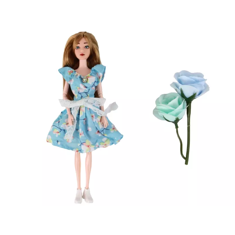 LEAN TOYS Muñeca para niños Emily Spring con pelo largo y vestido azul de flores