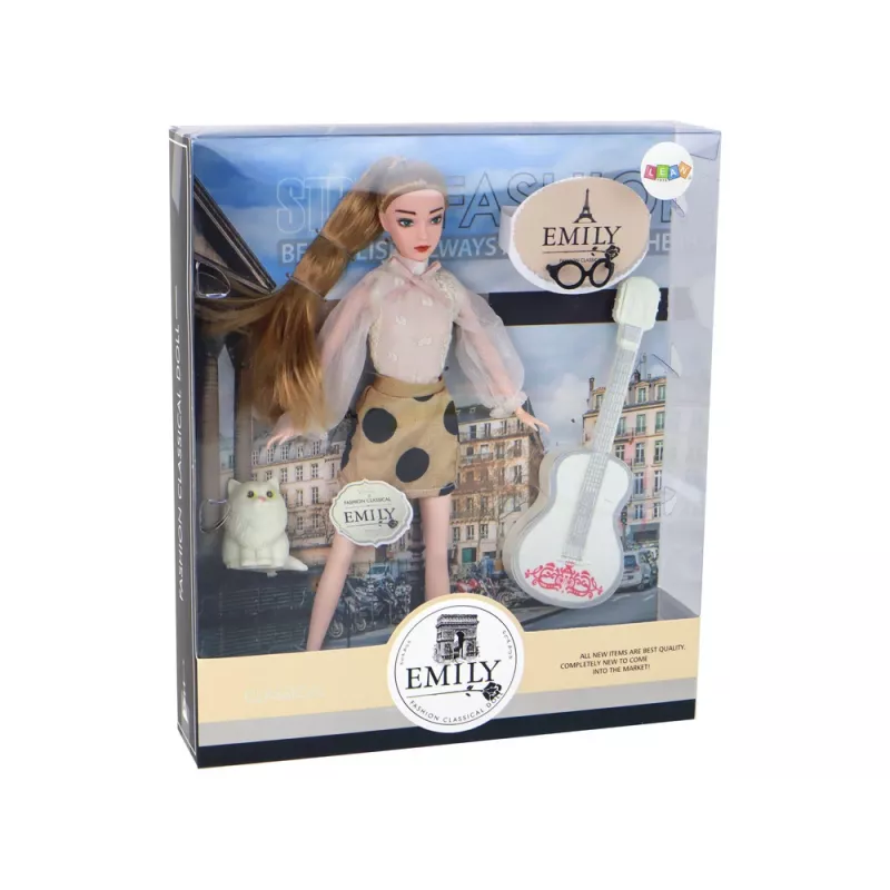 LEAN TOYS Muñeca para niños Emily con guitarra, gafas, largo pelo rubio y gatito