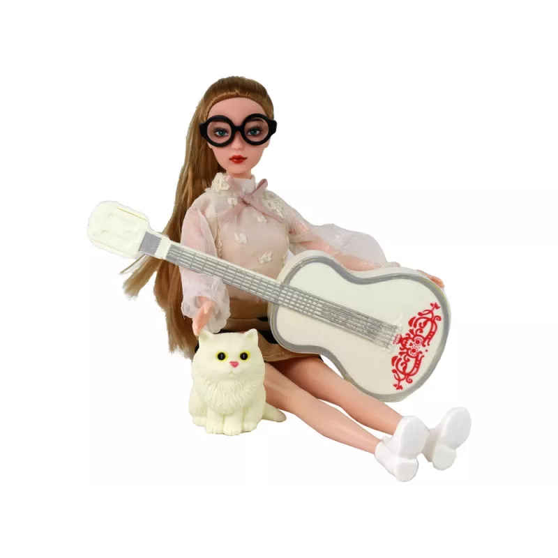 LEAN TOYS Muñeca para niños Emily con guitarra, gafas, largo pelo rubio y gatito