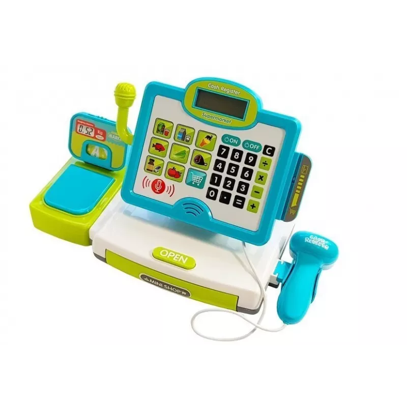 LEAN TOYS Caja registradora electrónica infantil con cesta - azul, calculadora funcional, luz y sonido, 25 accesorios, a partir de 3 años