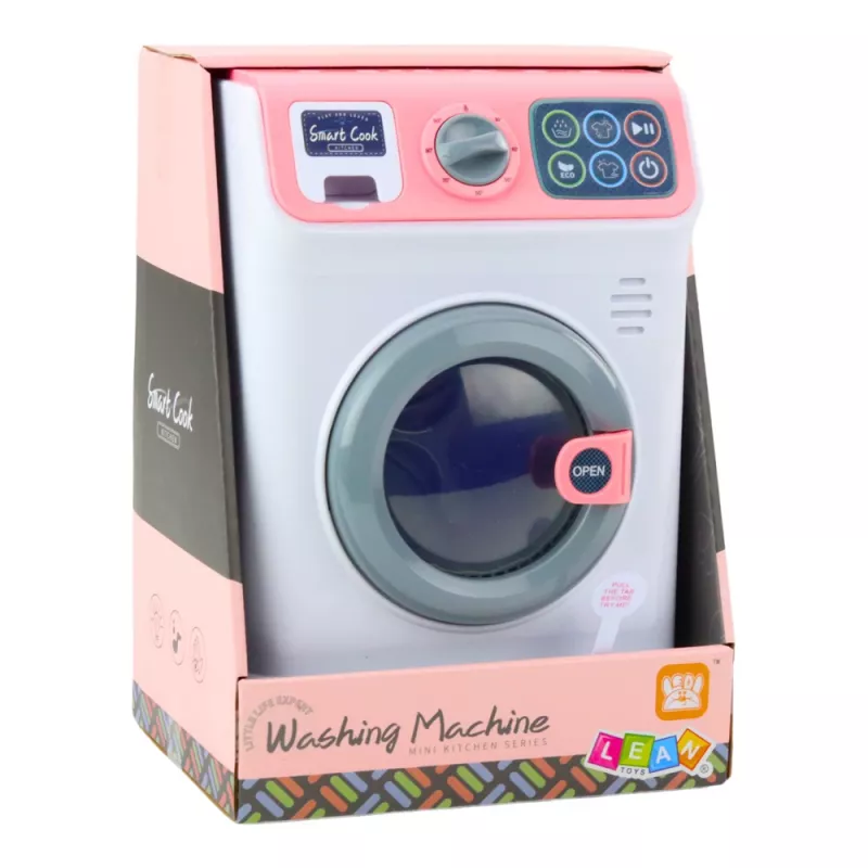 LEAN TOYS Lavadora de juguete para niños con tambor giratorio, luces y sonidos, blanco/rosa