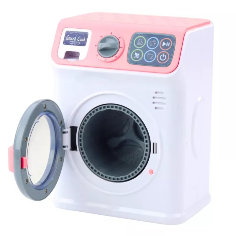 LEAN TOYS Lavadora de juguete para niños con tambor giratorio, luces y sonidos, blanco/rosa
