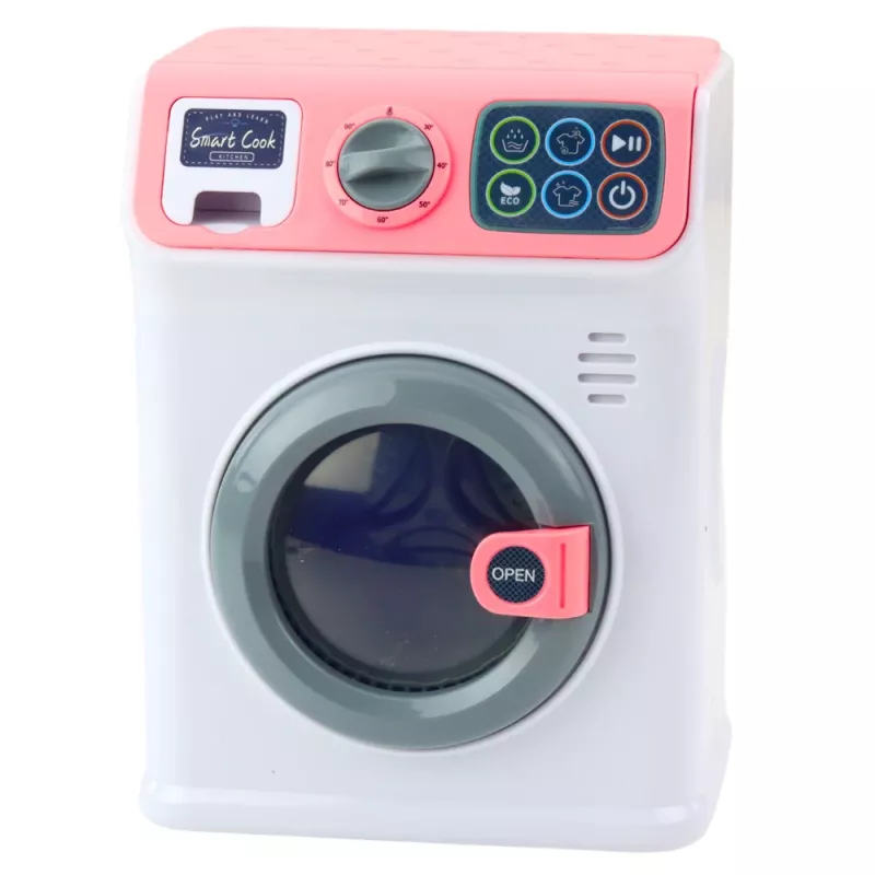 LEAN TOYS Lavadora de juguete para niños con tambor giratorio, luces y sonidos, blanco/rosa