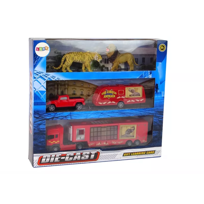 LEAN TOYS Set de vehículos de animales del circo camión + coche con remolque