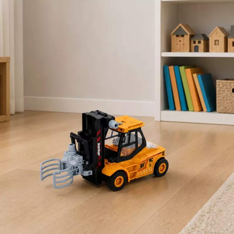 LEAN TOYS vehículo de obra carretilla elevadora con pinza ajustable, luces y sonidos, amarillo, 1:43