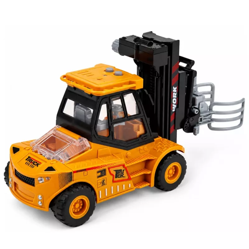 LEAN TOYS vehículo de obra carretilla elevadora con pinza ajustable, luces y sonidos, amarillo, 1:43