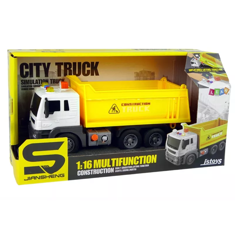 LEAN TOYS Vehículo de obra camión volquete 1:16 amarillo con remolque elevador