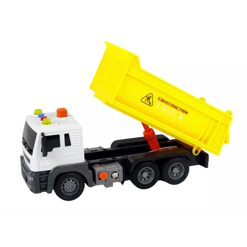 LEAN TOYS Vehículo de obra camión volquete 1:16 amarillo con remolque elevador