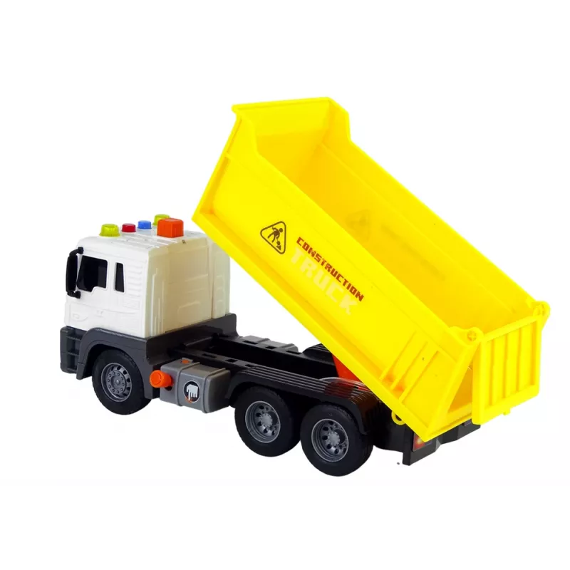 LEAN TOYS Vehículo de obra camión volquete 1:16 amarillo con remolque elevador