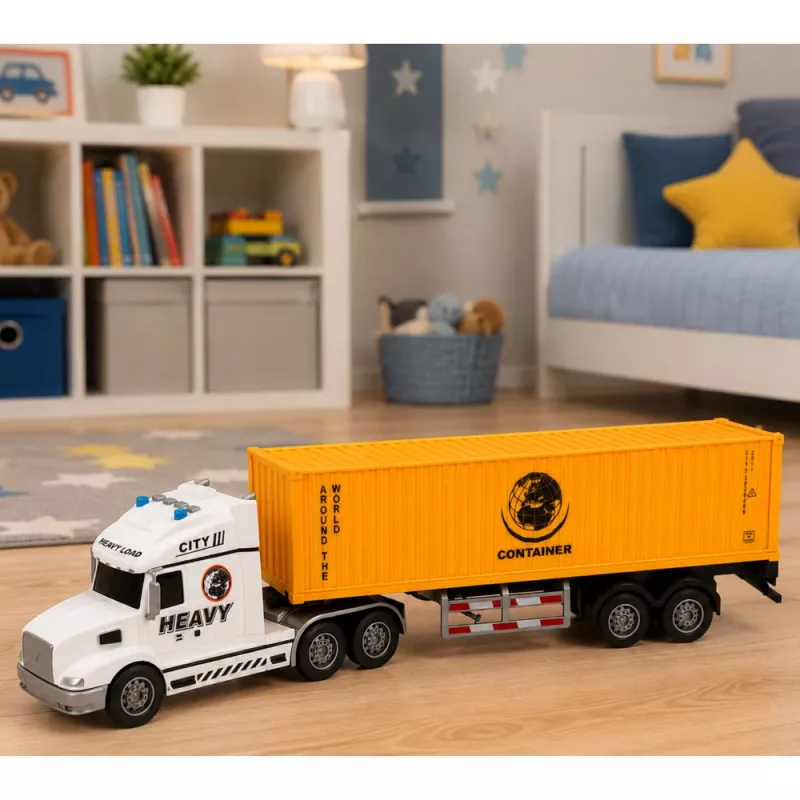LEAN TOYS camión portacontenedores con puertas que se abren, luces y sonidos, amarillo, 54 cm