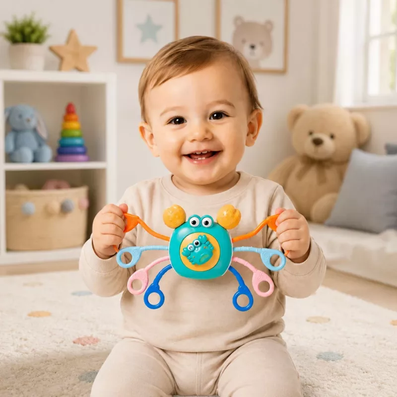 LEAN TOYS Juguete sensorial cangrejo para niños pequeños sonajero mordedor azul