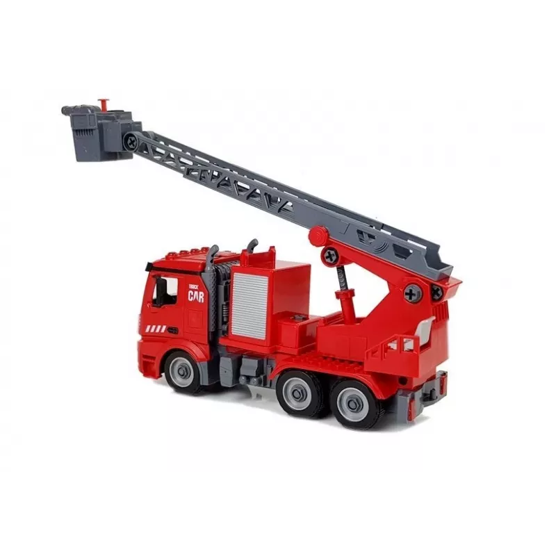 LEAN TOYS Camión de bomberos DIY 2en1 Kit con escalera desmontable, destornillador, efectos de sonido y luz, casco