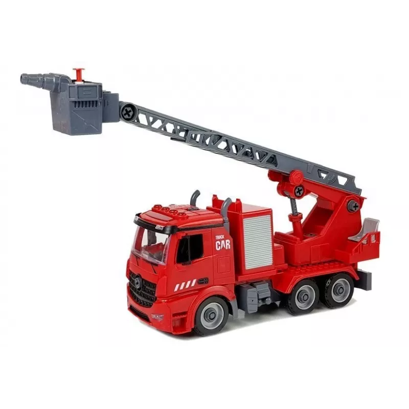 LEAN TOYS Camión de bomberos DIY 2en1 Kit con escalera desmontable, destornillador, efectos de sonido y luz, casco