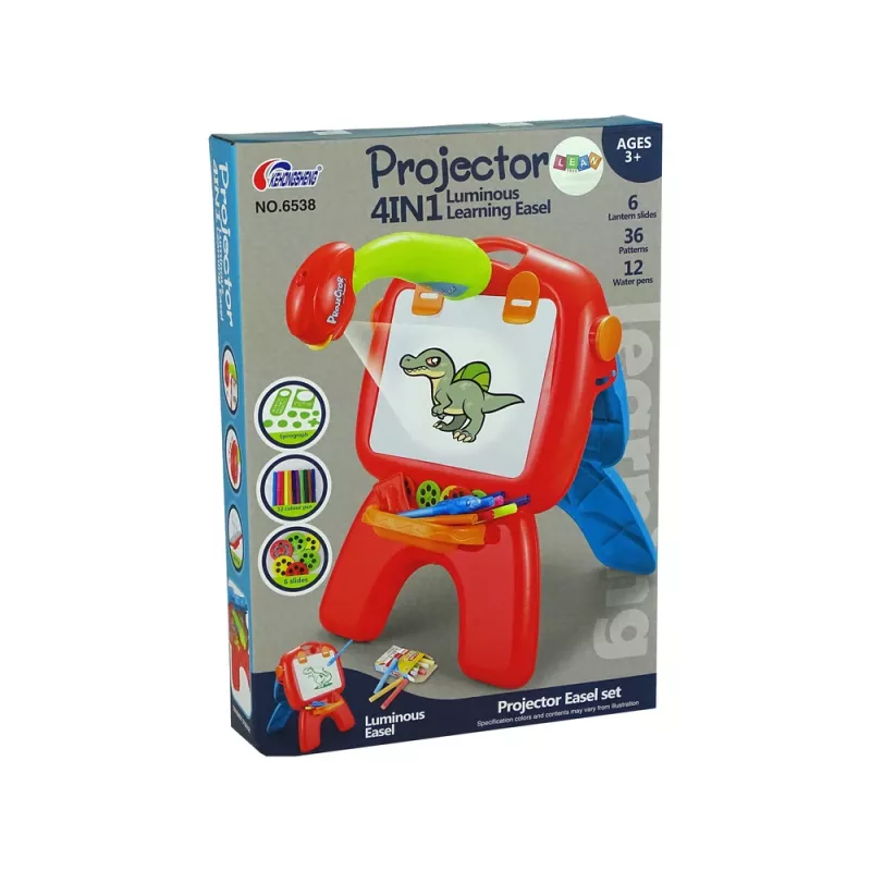 LEAN TOYS Pizarra de doble cara con tizas, soporte y proyector de imágenes, rojo