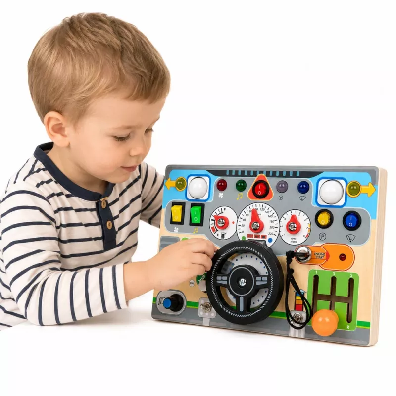 LEAN TOYS Tablero de manipulación educativo simulador volante luces sonidos