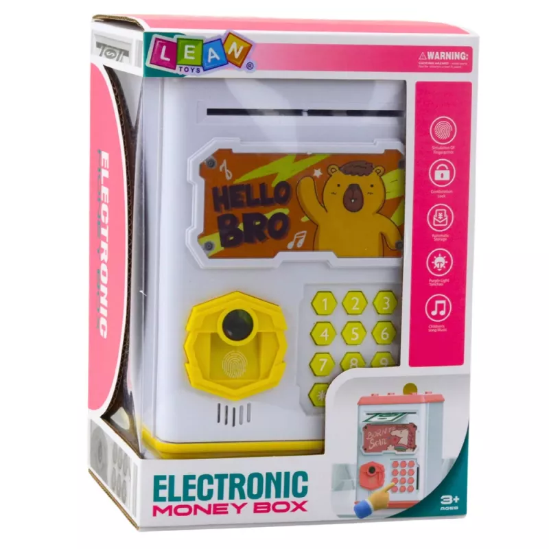 LEAN TOYS hucha electrónica caja fuerte cajero automático con PIN para niños Capybara amarillo
