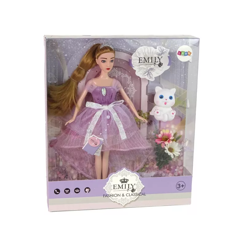 LEAN TOYS Muñeca bebé Emily de pelo largo con gato blanco