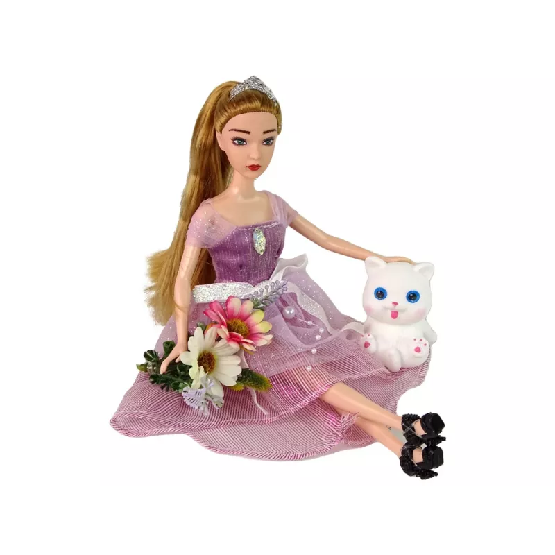 LEAN TOYS Muñeca bebé Emily de pelo largo con gato blanco