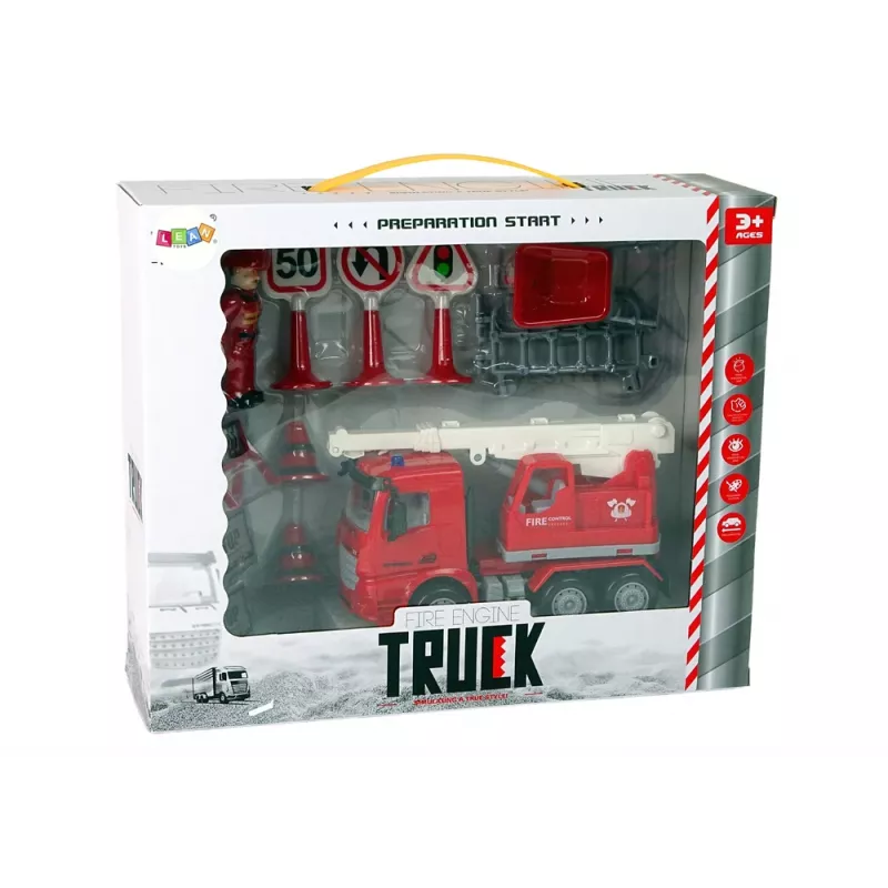 LEAN TOYS Set de bomberos con grúa, señales de tráfico y bombero