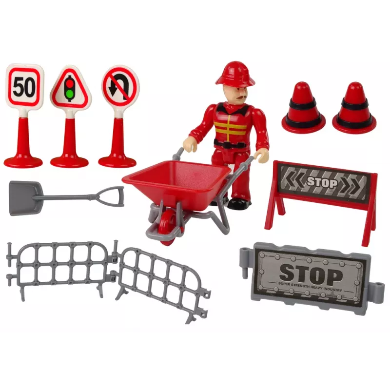 LEAN TOYS Set de bomberos con grúa, señales de tráfico y bombero