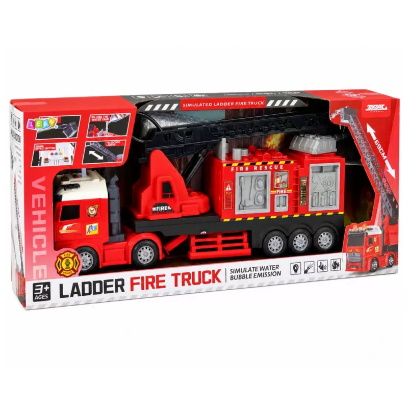 LEAN TOYS Camión de bomberos con escalera extensible hasta 69 cm, luz, sonido y cañón de agua