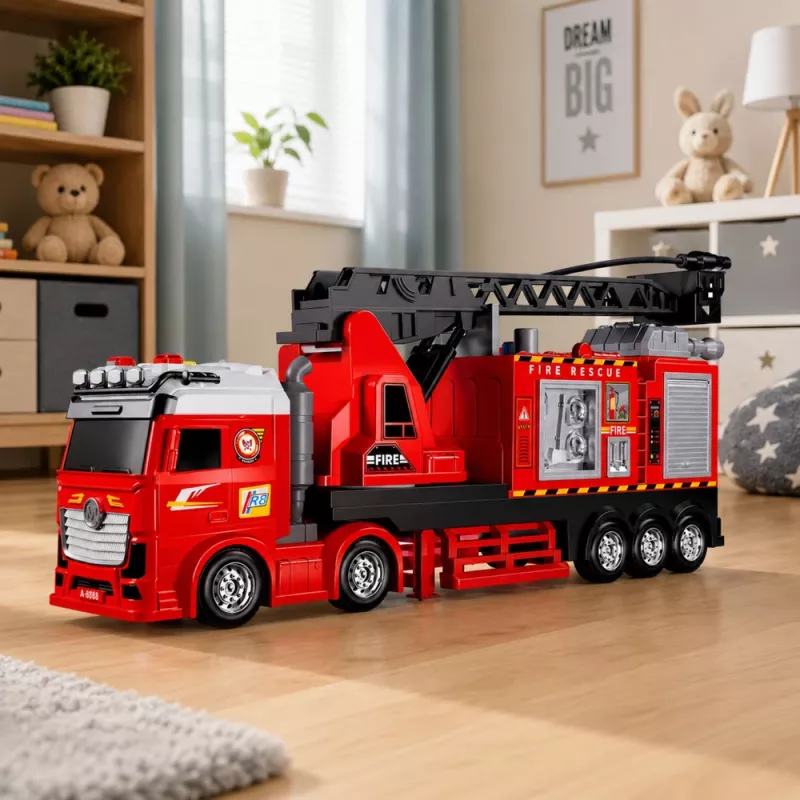 LEAN TOYS Camión de bomberos con escalera extensible hasta 69 cm, luz, sonido y cañón de agua