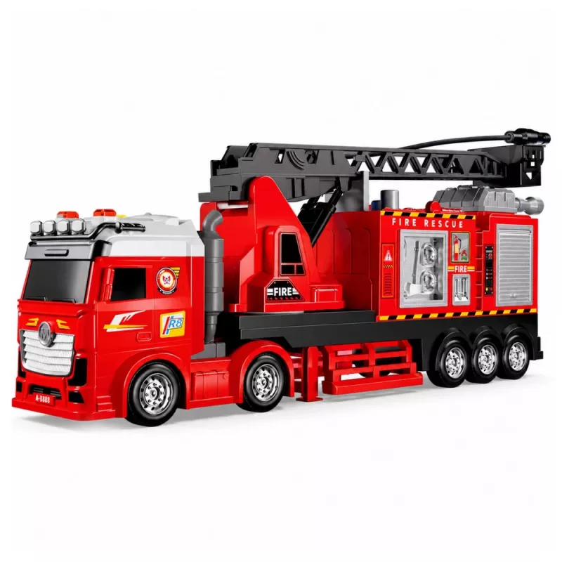 LEAN TOYS Camión de bomberos con escalera extensible hasta 69 cm, luz, sonido y cañón de agua