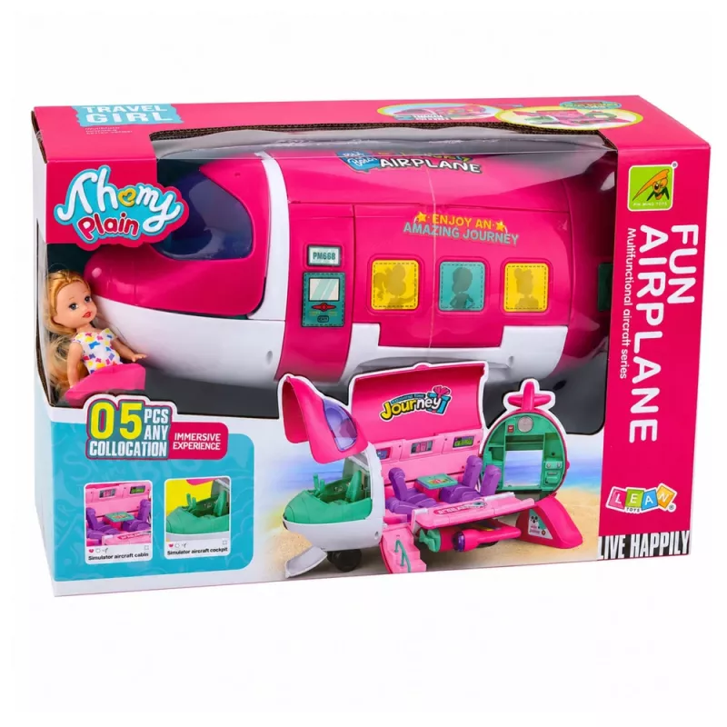 LEAN TOYS Avión de pasajeros plegable 2 en 1 para muñecas Rosa – Set de casa de muñecas transformable para muñecas de 30 cm
