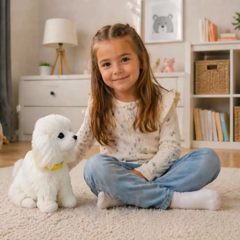 LEAN TOYS Perro de peluche interactivo con pelo suave caniche acariciar la cabeza y descubrir funciones