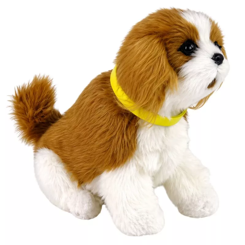 LEAN TOYS Perro de peluche interactivo pelo suave raza Cavalier acariciar la cabeza y descubrir funciones