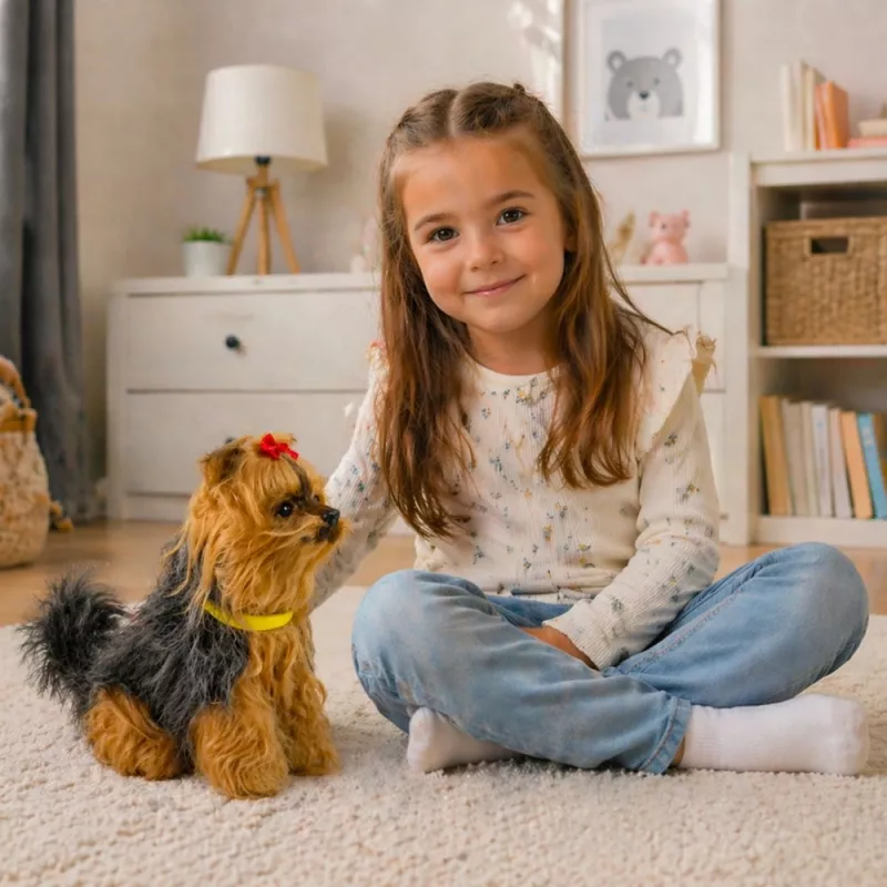 LEAN TOYS Perro de peluche interactivo pelo suave raza Yorkshire Terrier acaricia su cabeza y descubre sus funciones
