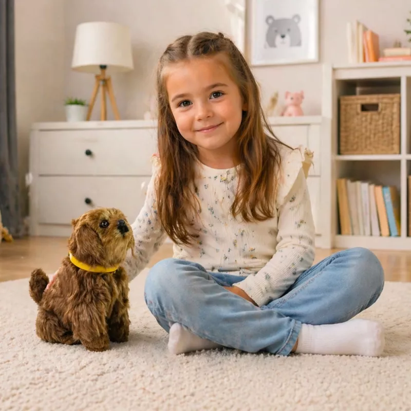 LEAN TOYS Perro de peluche interactivo con pelo suave acaricia su cabeza y descubre sus funciones