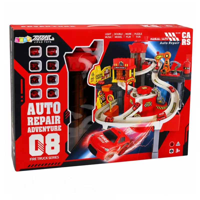 LEAN TOYS parking interactivo con túnel de lavado y taller – set de bomberos con 8 coches