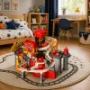 LEAN TOYS parking interactivo con túnel de lavado y taller – set de bomberos con 8 coches