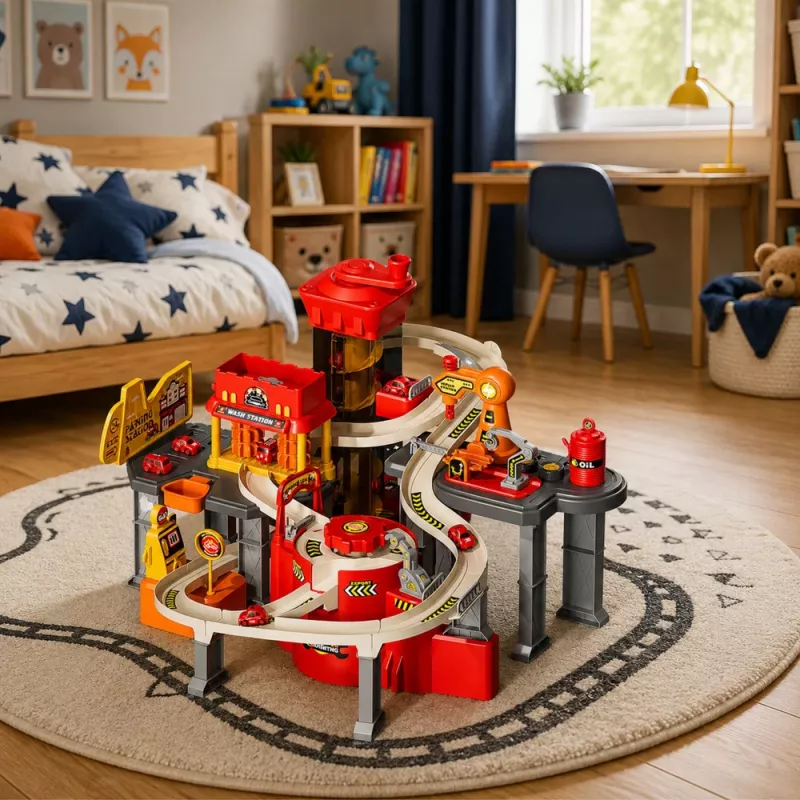 LEAN TOYS parking interactivo con túnel de lavado y taller – set de bomberos con 8 coches