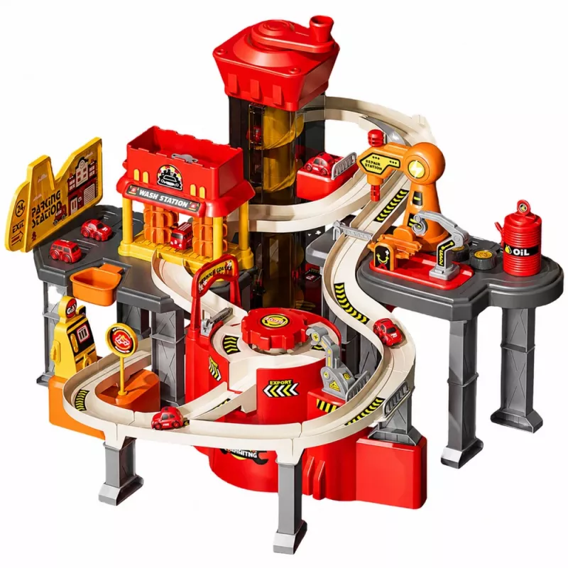 LEAN TOYS parking interactivo con túnel de lavado y taller – set de bomberos con 8 coches